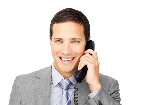 Χαμογελώντας επιχειρηματίας στο τηλέφωνο — Φωτογραφία Αρχείου