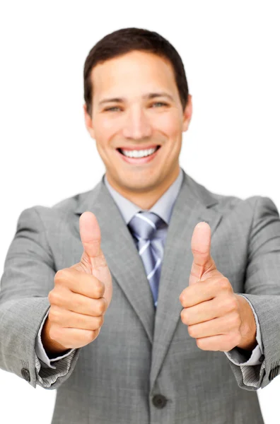 Fortunate businessman with thumbs up — Stock Photo, Image