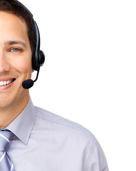 Close-up van een klantenservice met hoofdtelefoon op — Stockfoto