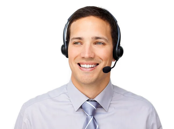 Aantrekkelijke zakenman praten op headset — Stockfoto