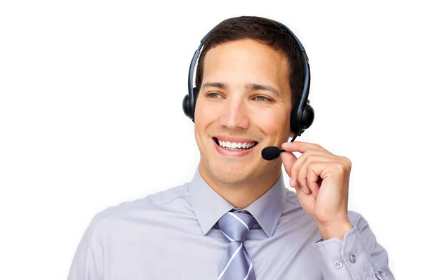Dashing agente de atendimento ao cliente com fone de ouvido em — Fotografia de Stock