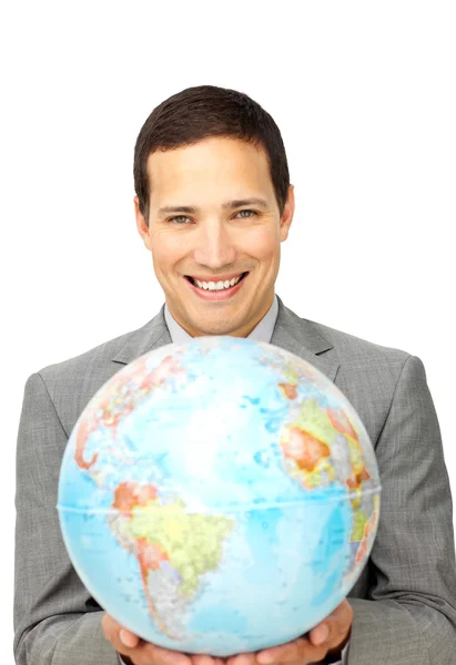 Atractivo empresario sosteniendo un globo terrestre — Foto de Stock