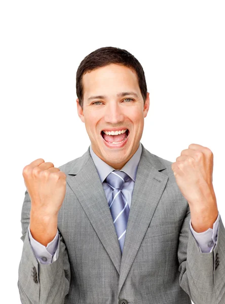 Lucky businessman punching the air in celebration — Stock Photo, Image