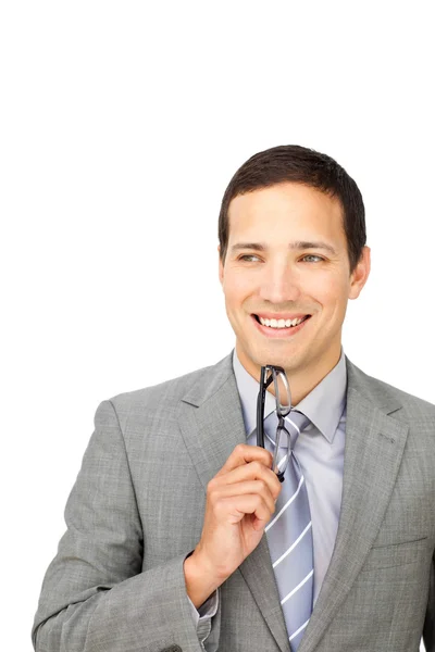 Attractive young businessman holding glasses — Stock Photo, Image
