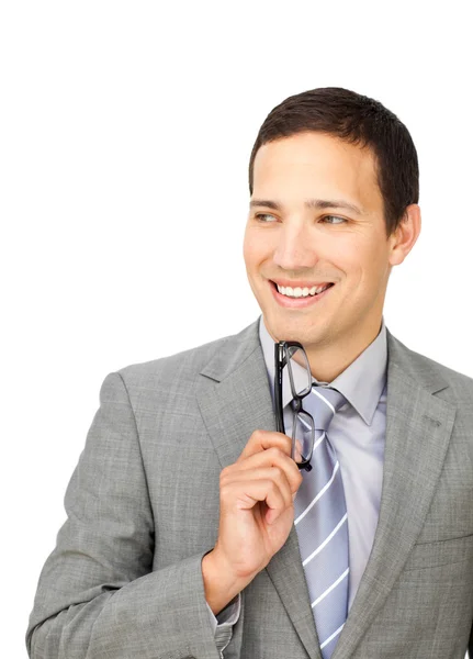 Self-assured businessman holding glasses — Stock Photo, Image