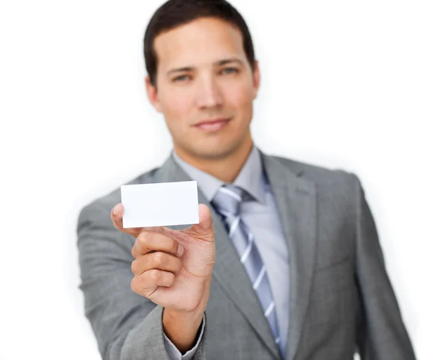 Confident male executive holding a white card — Stock Photo, Image