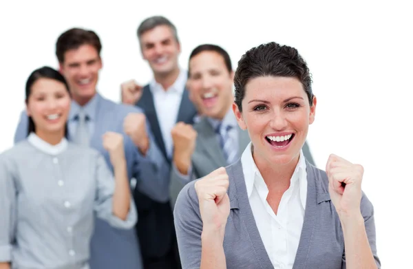 Happy business partners punching the air in celebration — Stock Photo, Image