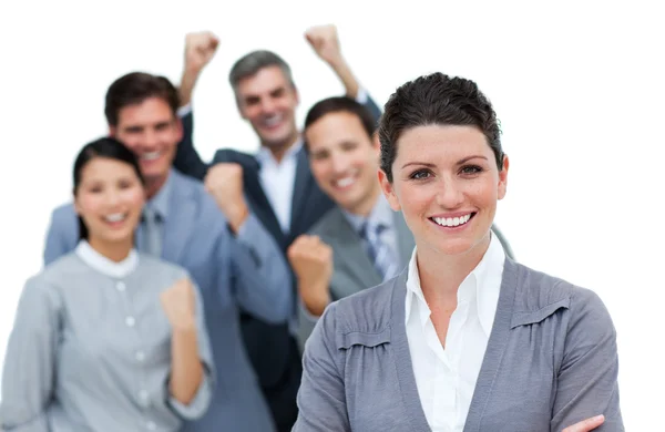 Cheerful business partners punching the air in celebration — Stock Photo, Image