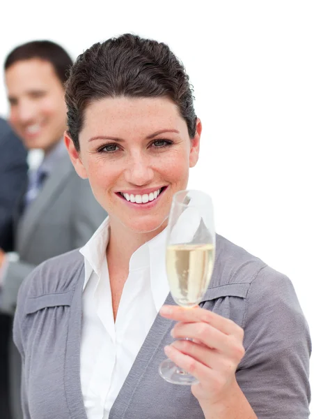 Encantadora mujer de negocios brindando con champán —  Fotos de Stock