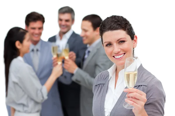 Afortunado equipo de negocios brindando con Champagne — Foto de Stock