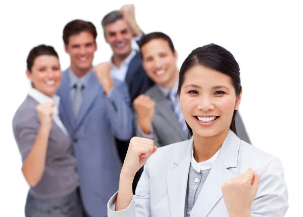 Multi-ethnic business team punching the air in celebration — Stock Photo, Image