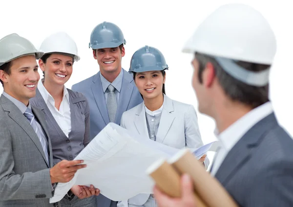 Un grupo de arquitectos estudiando planos — Foto de Stock