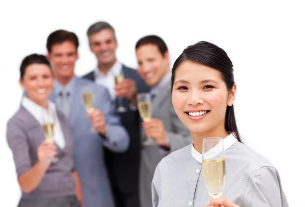 Brunette manager and her team celebrating a success — Stock Photo, Image