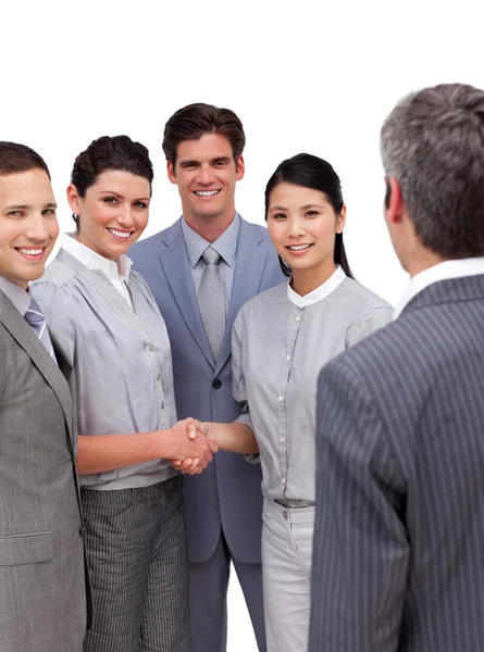 Young business partners shaking hands — Stock Photo, Image