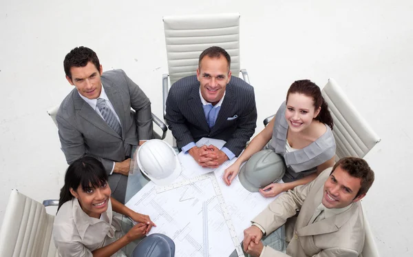 High angle of engineers working with plans — Stock Photo, Image