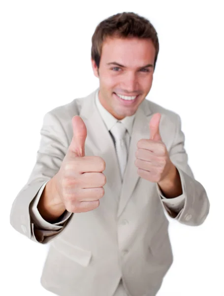 Cheerful young businessman with thumbs up — Stock Photo, Image