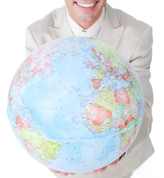 Närbild av en affärsman som innehar en terrestrial globe — Stockfoto