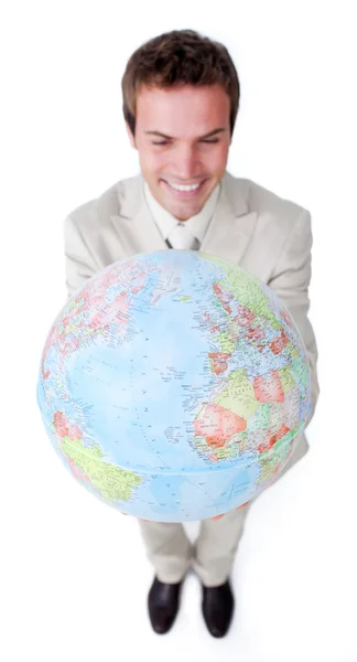 Провидец-бизнесмен улыбается глобальному расширению бизнеса — стоковое фото