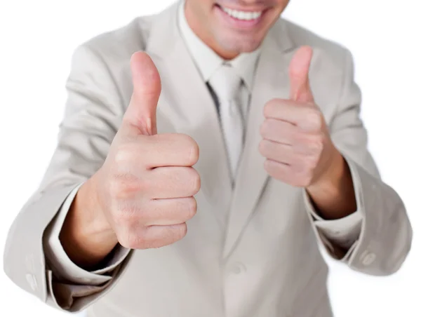 Close-up of a businessman with thumbs up — 图库照片