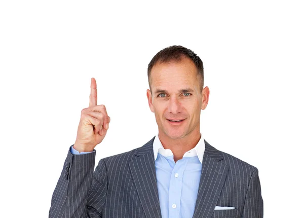 Positive attractive businessman pointing upward — Stock Photo, Image