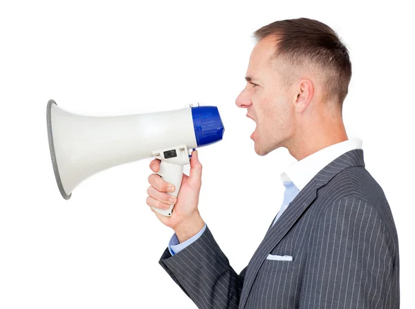 Hombre de negocios enojado gritando a través de un megáfono —  Fotos de Stock