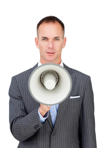 Empresário sério segurando um megafone — Fotografia de Stock