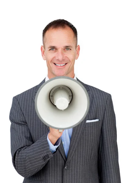 Pewnie biznesmen posiadania megafon — Zdjęcie stockowe