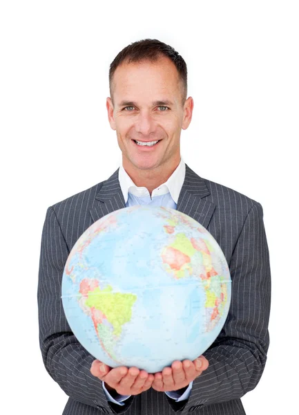 Påstridig affärsman håller en terreatrial globe — Stockfoto