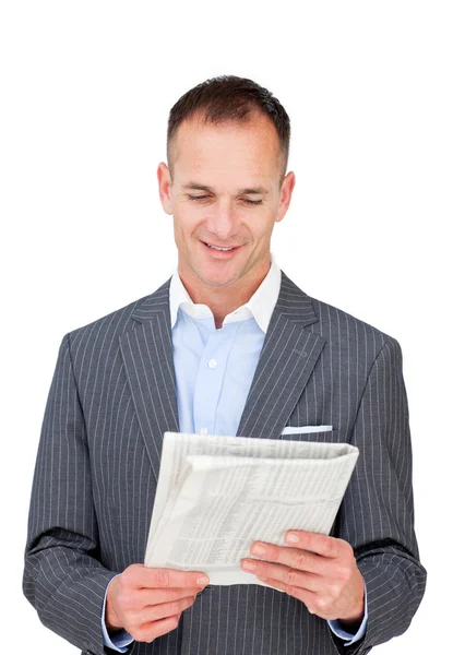 Empresário positivo lendo um jornal — Fotografia de Stock