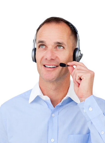 Agente de atendimento ao cliente com fone de ouvido em olhar para cima — Fotografia de Stock