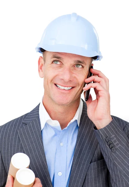 Cheerful male architect talking on phone — Stock Photo, Image