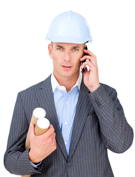 Stressed male engineer talking on phone — Stock Photo, Image