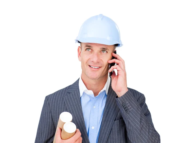 Positive male architect talking on phone — Stock Photo, Image