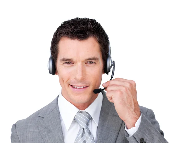 Positive customer service representative using headset — Stock Photo, Image