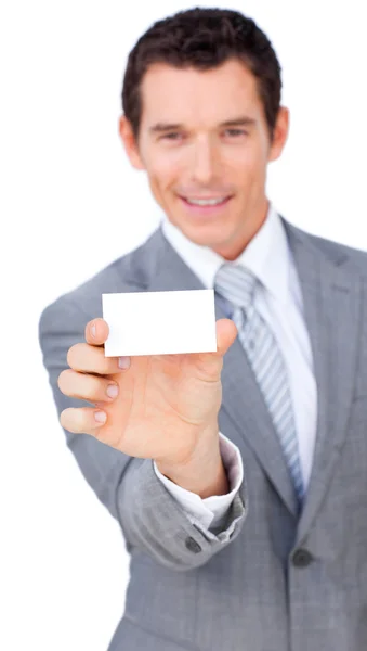 Charyzmatyczny biznesmen Wyświetlono białe karty — Zdjęcie stockowe