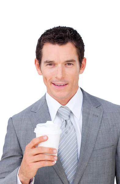 Charismatický podnikatel drží pití z hrnečku — Stock fotografie