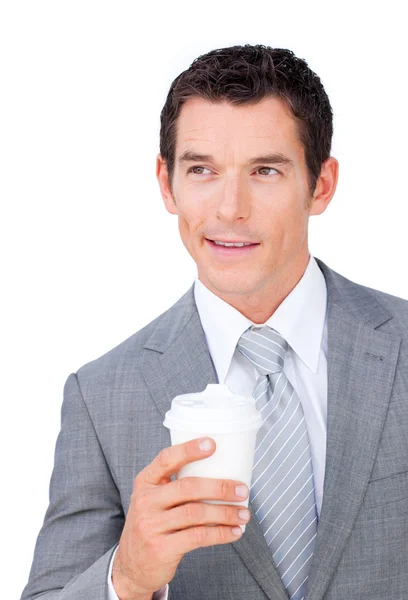 Asertivní podnikatel drží pití z hrnečku — Stock fotografie
