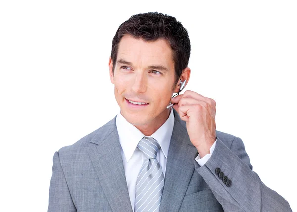 Positive customer service agent using headset — Stock Photo, Image