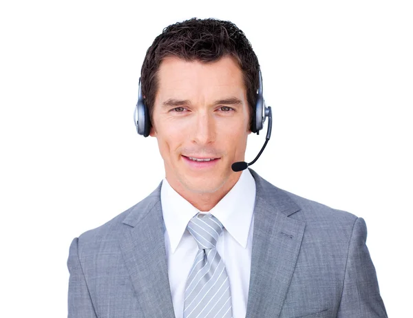Zelfverzekerd zakenman met behulp van headset — Stockfoto