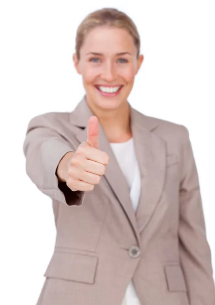 Успешная деловая женщина с большим пальцем вверх — стоковое фото