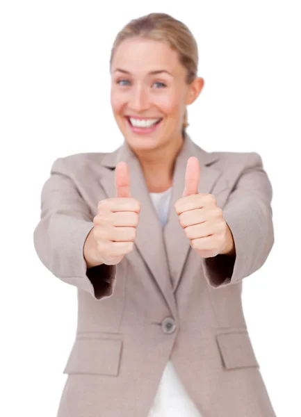 Lucky businesswoman with thumbs up — Stock Photo, Image