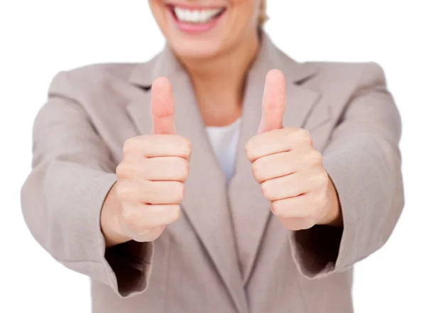 Fortunate businesswoman with thumbs up — Stock Photo, Image