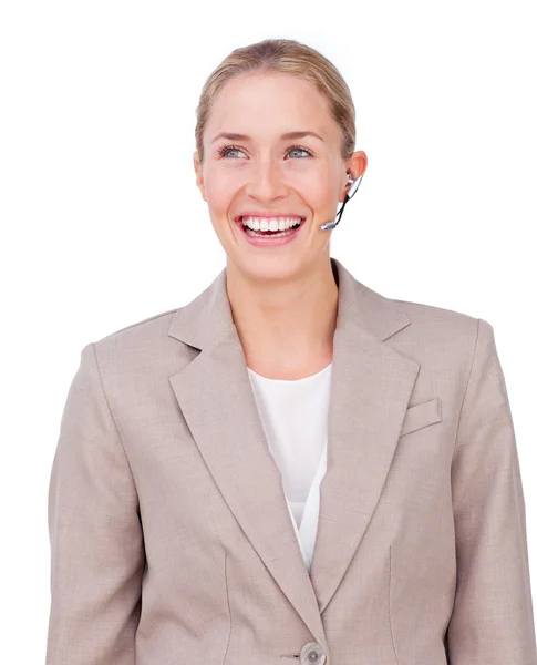 Porträtt av en gnistrande affärskvinna med hörlurarna på — Stockfoto