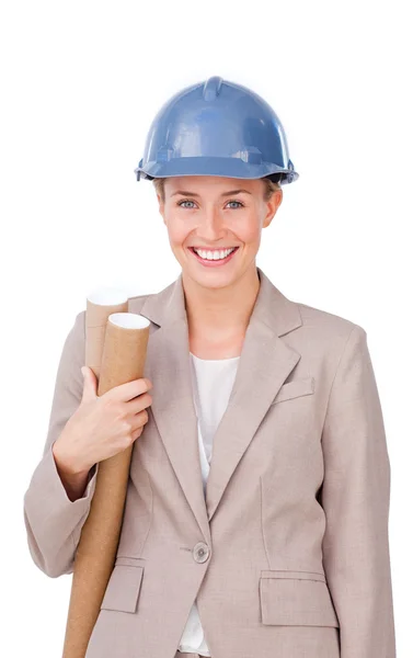 Charismatic female architect holding blueprints — Stock Photo, Image