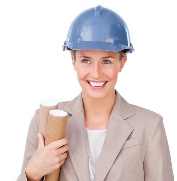 Bir kask giymiş bir kadın mimar Close-Up — Stok fotoğraf