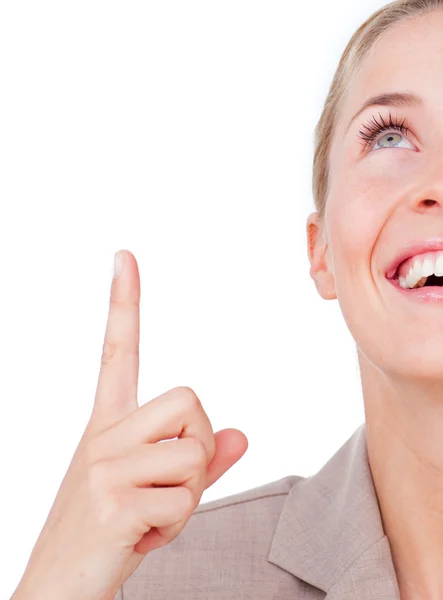 Close-up of a businesswoman pointing upward — Stock Photo, Image