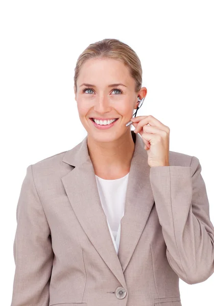 Charismatic blond businesswoman using headset — Stock Photo, Image