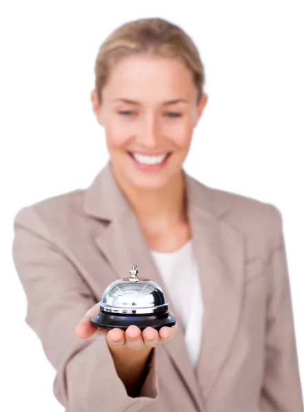 Attractive businesswoman holding a service bell — Stock Photo, Image