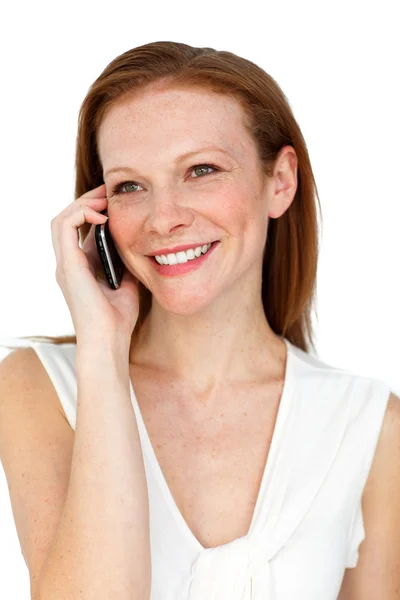 Telefon kendine güvenen iş kadını gülümseyen — Stok fotoğraf