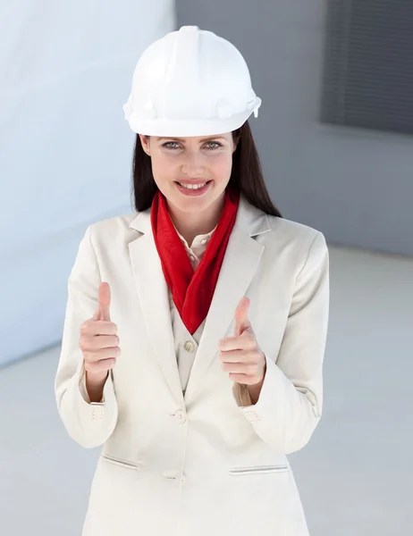 Close-up of a female architect with thumbs up — Stock Photo, Image